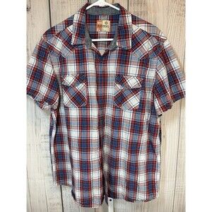 Ruff Hewn Men’s Button Up Shirt Large Snaps Red White Blue Plaid Short Sleeve